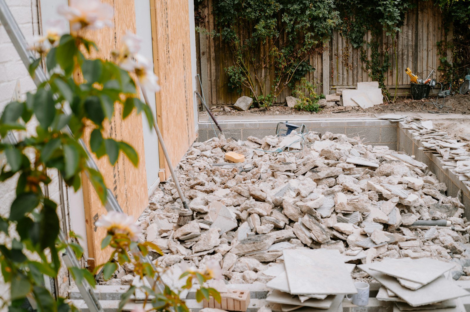 Broken concrete and tile from a backyard tear-out